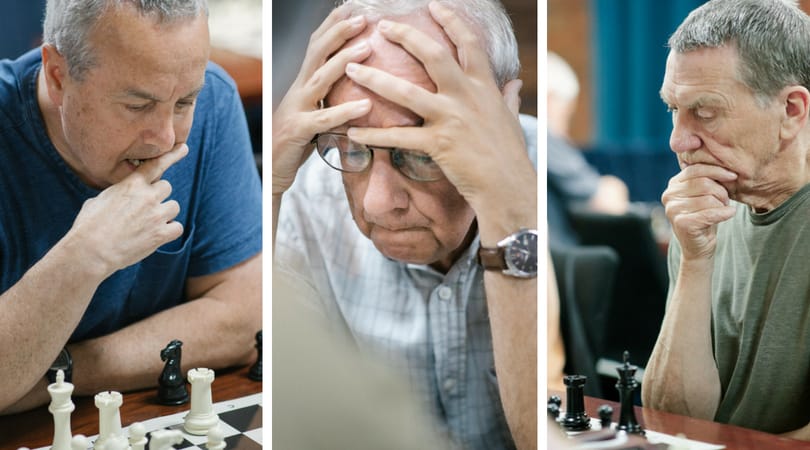 Portrait of a chess club: 6 players deep in thought