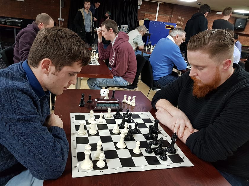 GM Simon Williams with the black pieces against Battersea's Tommaso Penna
